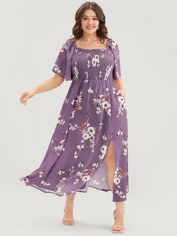 Floral Square Neck Ruffles Pocket Shirred Split Dress