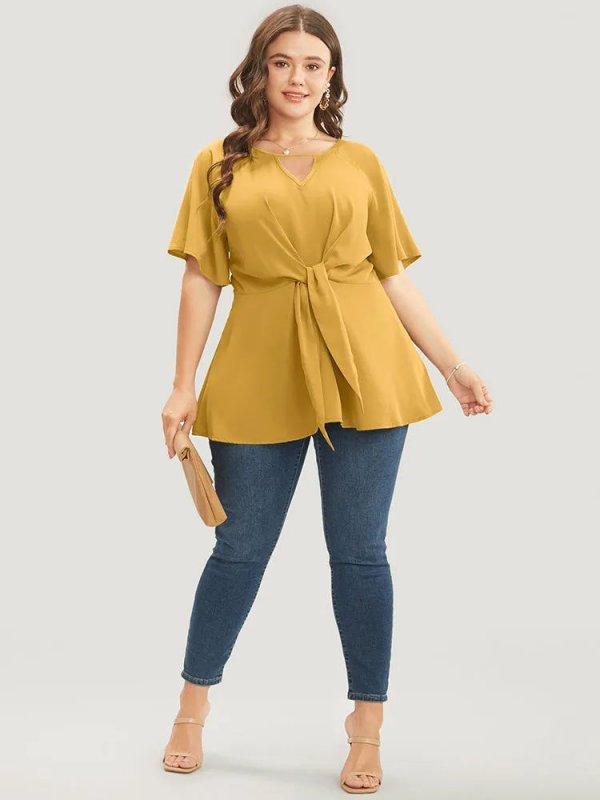 Plain Keyhole Knotted Front Ruffle Sleeve Blouse