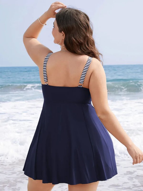 Striped Patchwork Knot Front Ruffles Swim Dress
