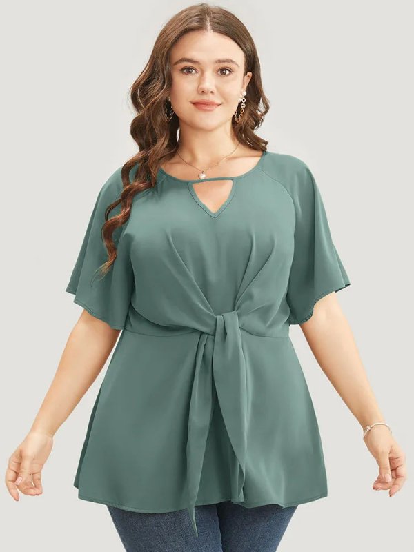 Plain Keyhole Knotted Front Ruffle Sleeve Blouse