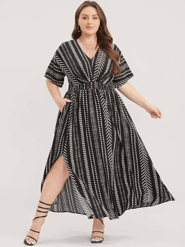 Solid Geometric Dolman Sleeve Pocket Shirred Split Hem Dress