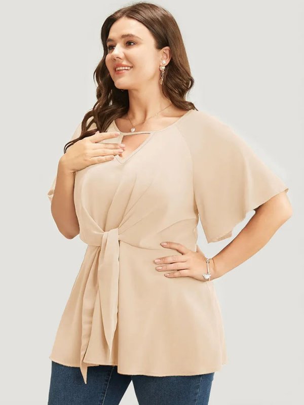 Plain Keyhole Knotted Front Ruffle Sleeve Blouse