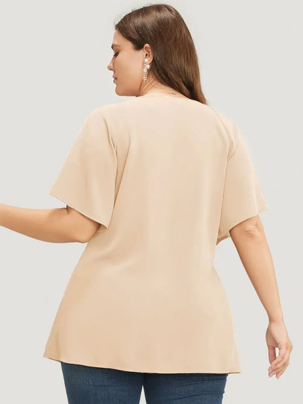 Plain Keyhole Knotted Front Ruffle Sleeve Blouse