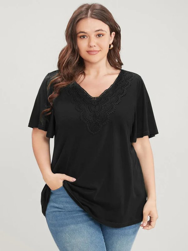 Solid Ruffle Sleeve Lace V Neck T-shirt