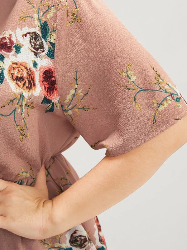 Floral Print Wrap Ruffles Asymmetrical Hem Blouse