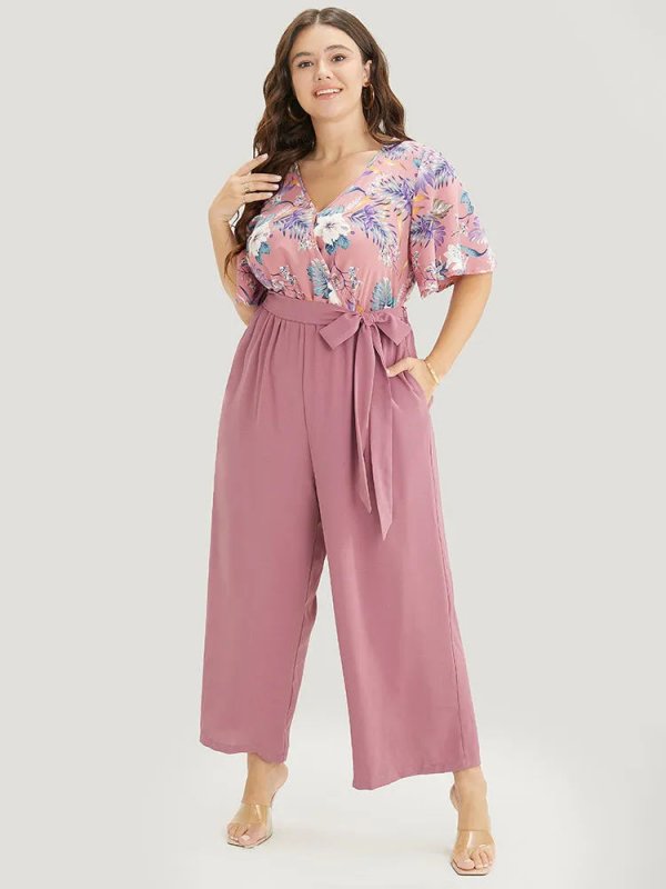 Floral Patchwork Wrap Belted Pocket Jumpsuit