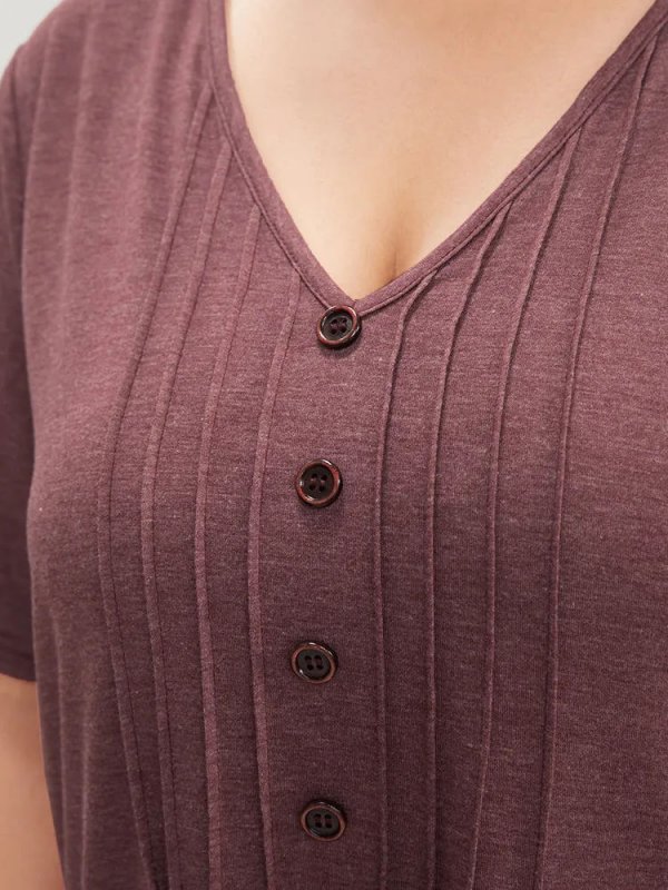 Solid Pleated Front Button Detail V Neck T-shirt