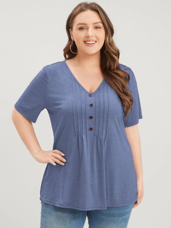 Solid Pleated Front Button Detail V Neck T-shirt