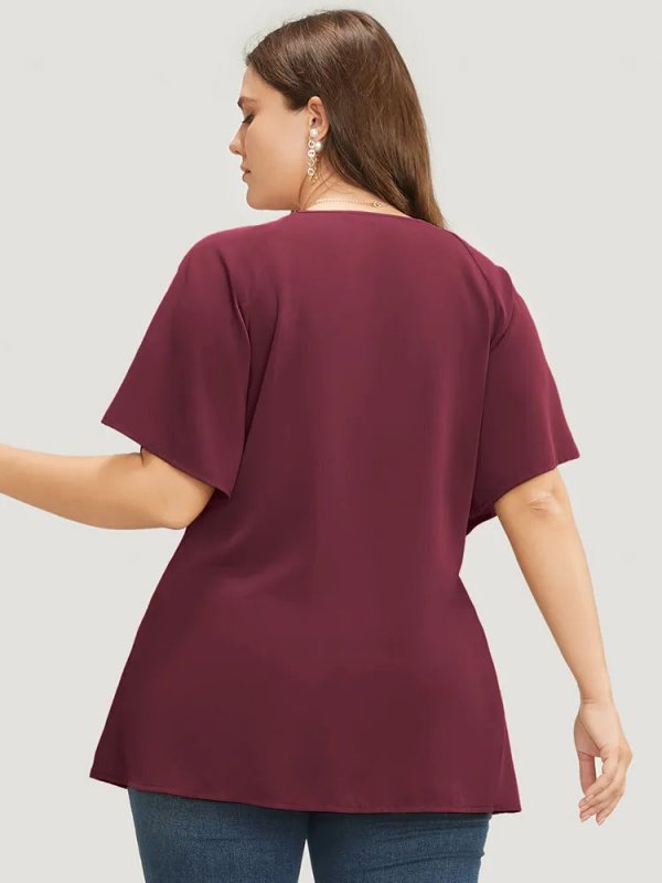 Plain Keyhole Knotted Front Ruffle Sleeve Blouse