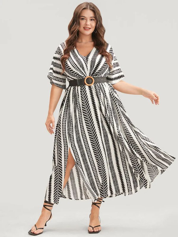 Solid Geometric Dolman Sleeve Pocket Shirred Split Hem Dress