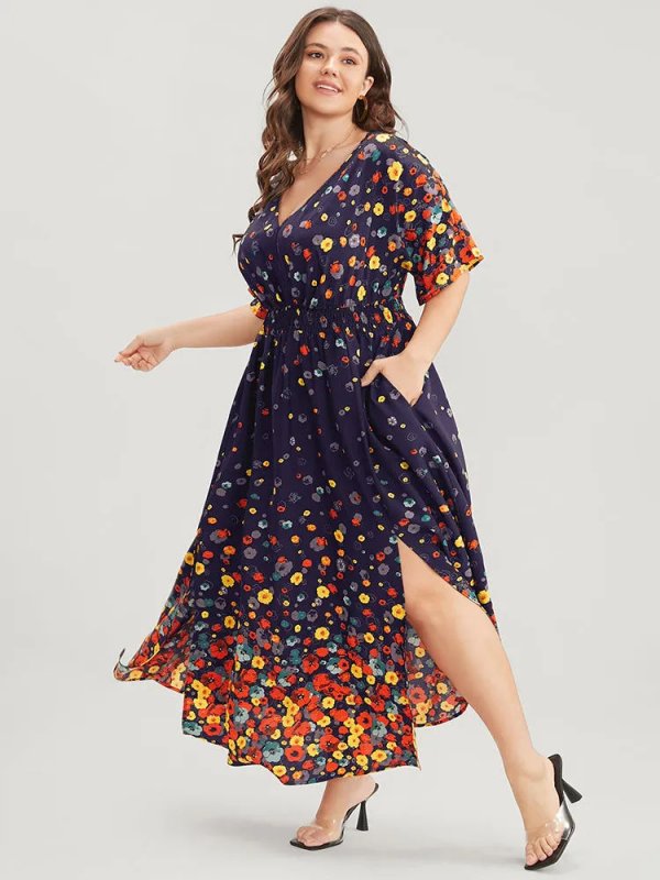 Floral Printed Pocket V Neck Shirred Split Hem Dress