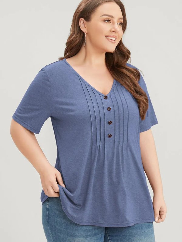 Solid Pleated Front Button Detail V Neck T-shirt