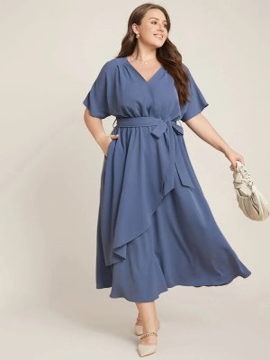 Plain Dolman Sleeve Pocket Belted Surplice Neck Flutter Dress