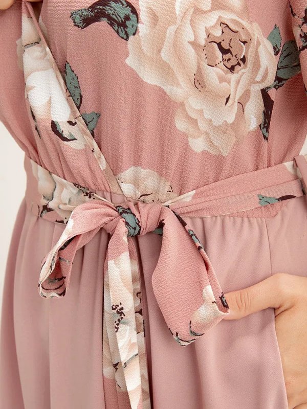 Floral Printed Pocket Ruffles Surplice Neck Belted Midi Dress