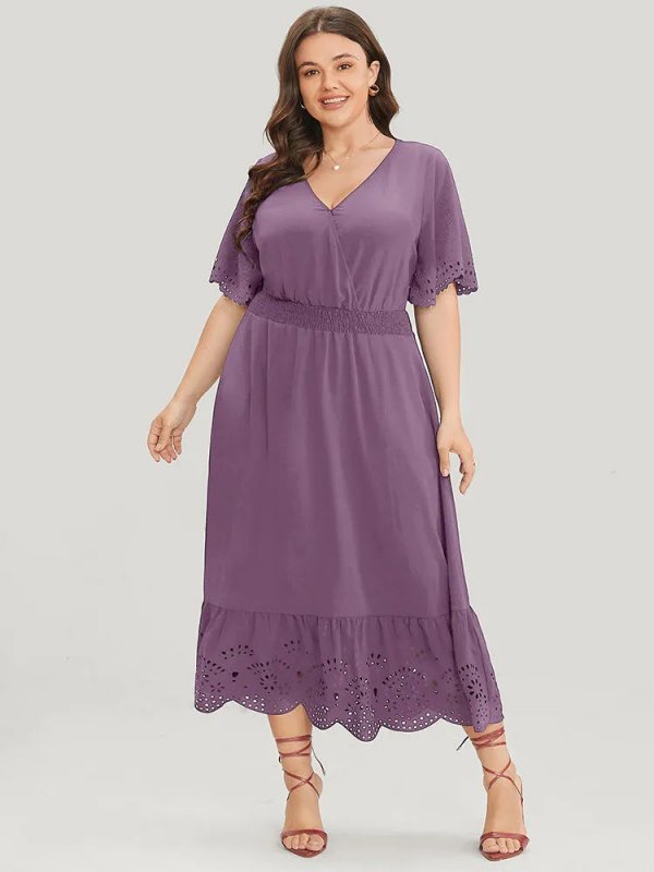 Solid Laser Cut Shirred Pocket Wrap Scalloped Trim Flutter Dress