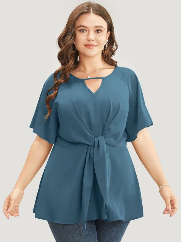 Plain Keyhole Knotted Front Ruffle Sleeve Blouse