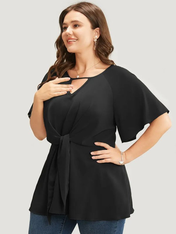 Plain Keyhole Knotted Front Ruffle Sleeve Blouse