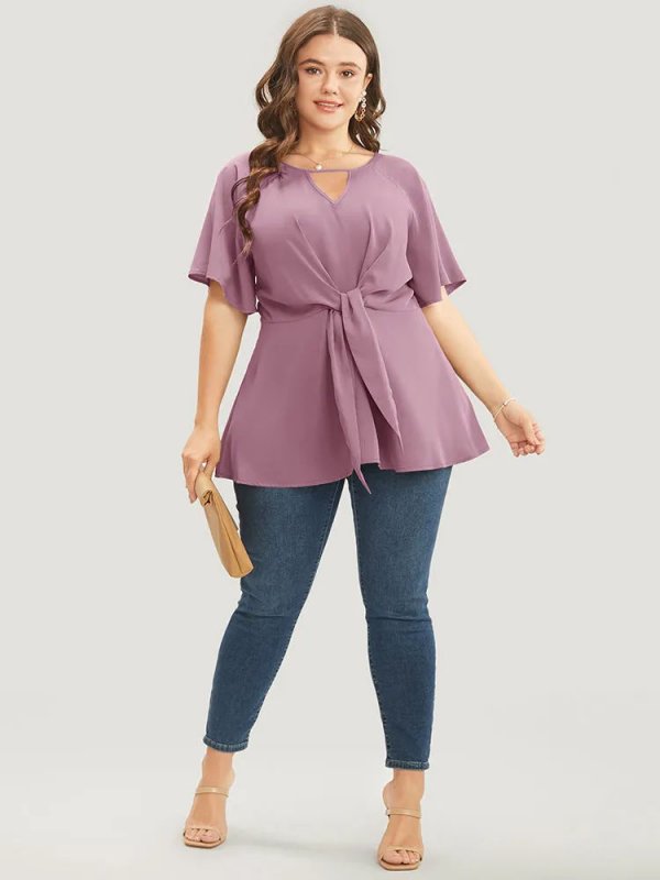 Plain Keyhole Knotted Front Ruffle Sleeve Blouse