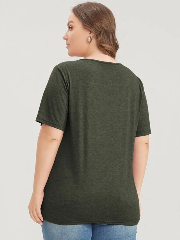 Solid Pleated Front Button Detail V Neck T-shirt