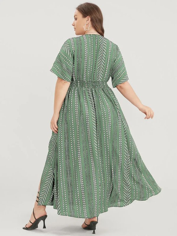 Solid Geometric Dolman Sleeve Pocket Shirred Split Hem Dress