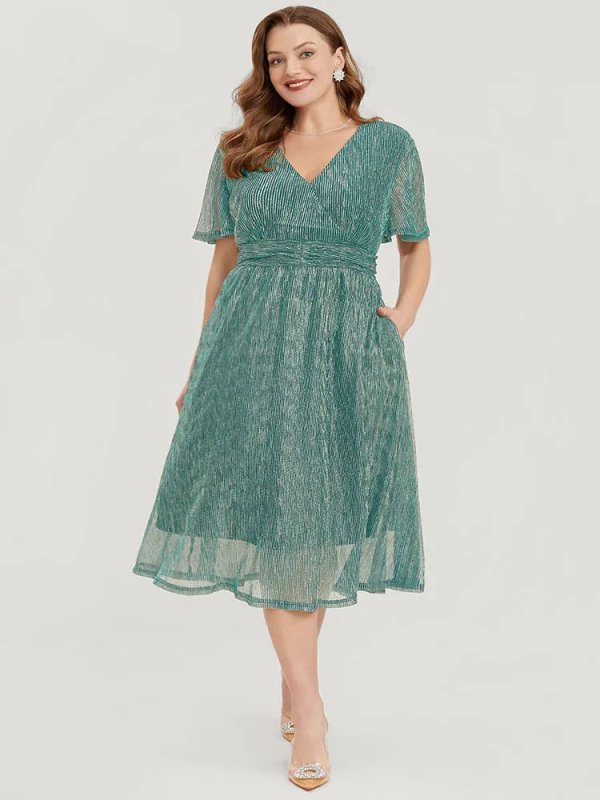 Glitter Mesh Surplice Neck Ruffle Sleeve Pocket Midi Dress