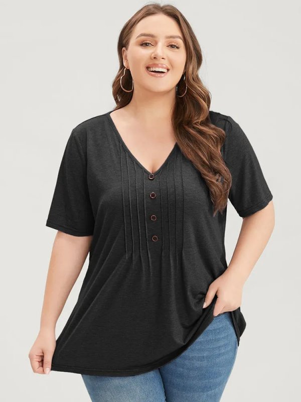 Solid Pleated Front Button Detail V Neck T-shirt