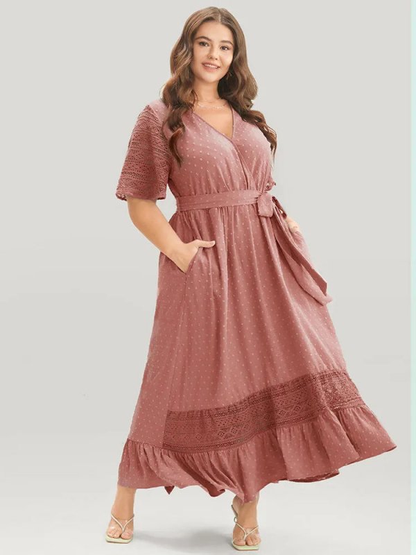 Solid Wrap Pocket Belted Contrast Lace Ruffle Trim Maxi Dress
