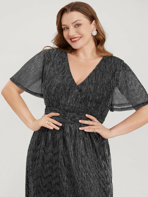 Glitter Mesh Surplice Neck Ruffle Sleeve Pocket Midi Dress