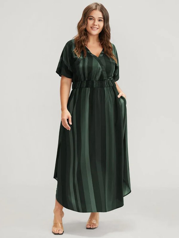 Striped Dolman Sleeve  Pocket Shirred Flutter Wrap Dress