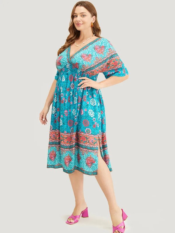 Floral Dolman Sleeve Ruffles Shirred Split Hem Dress