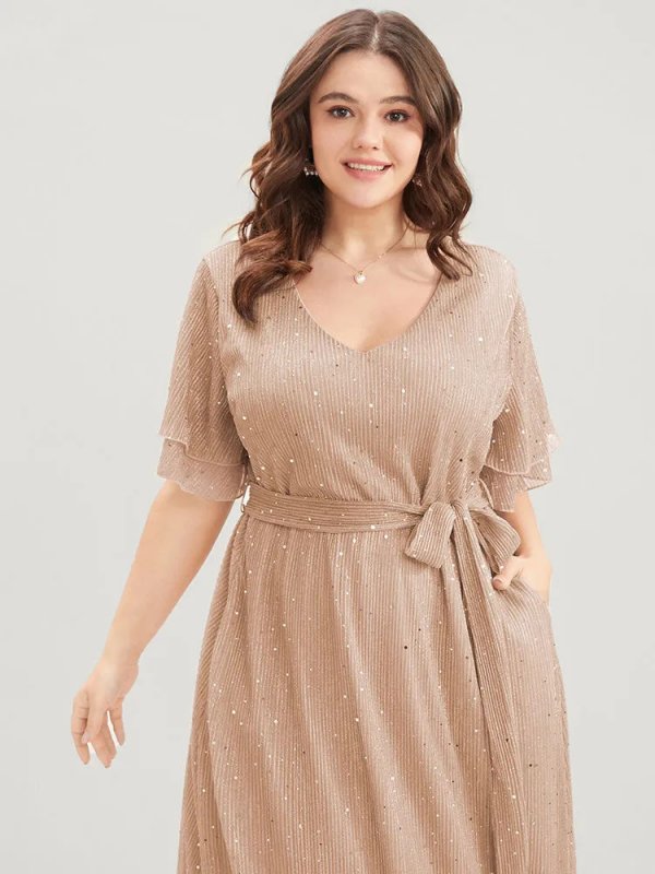 Plain V Neck Mesh Pocket Ruffle Tiered Belted Midi Dress