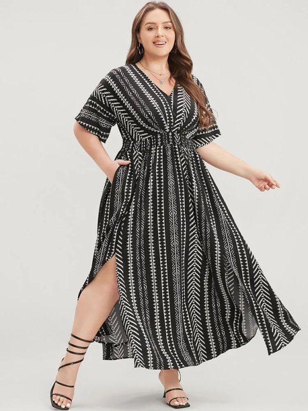 Solid Geometric Dolman Sleeve Pocket Shirred Split Hem Dress