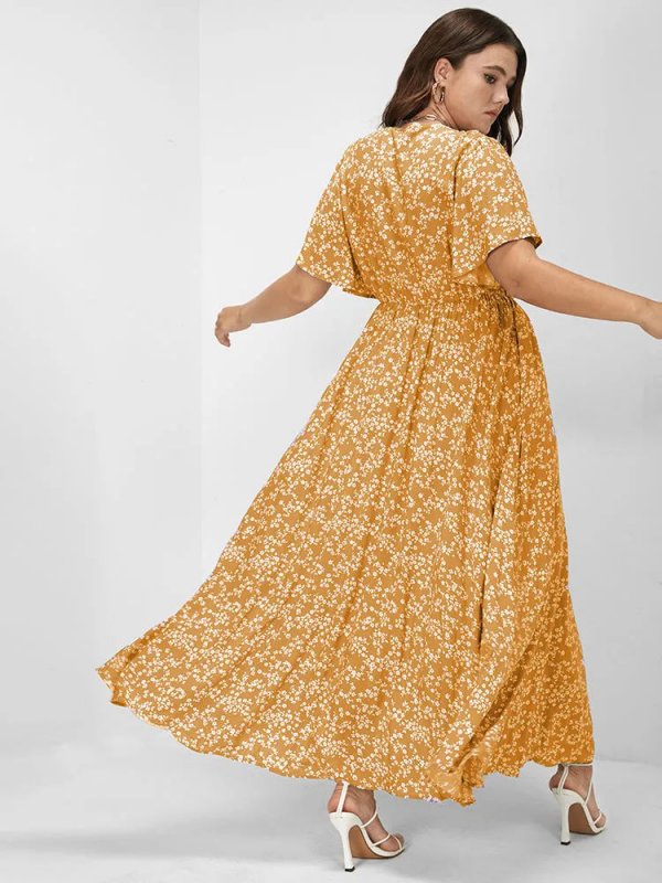 [Hot Sale] Flutter Sleeve Ditsy Floral Pocket Split Maxi Dress