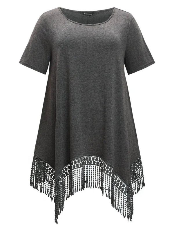 Solid Round Neck Lace Fringe Hem T-shirt