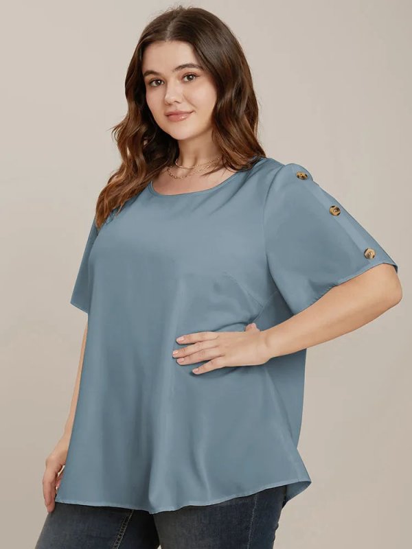 Plain Round Neck Button Detail Blouse