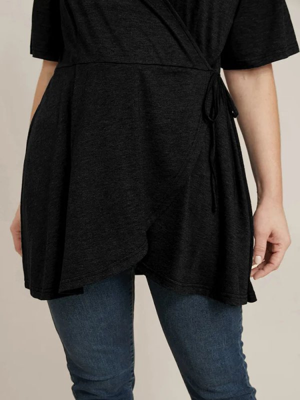 Solid Button V Neck Ruffles Blouse
