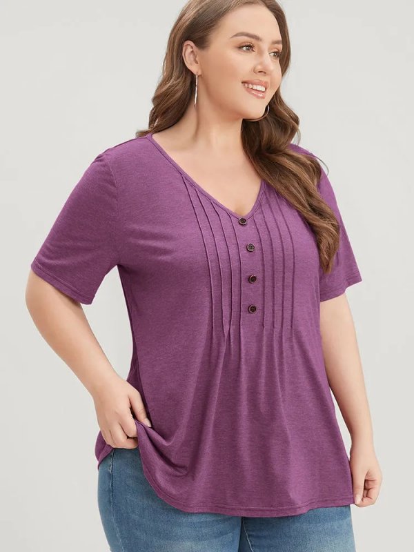 Solid Pleated Front Button Detail V Neck T-shirt