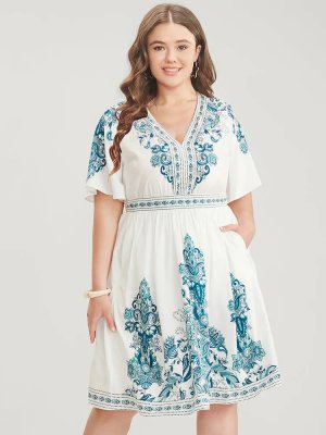 Bandana Print Ruffle Sleeve V Neck Pocket Knee Dress
