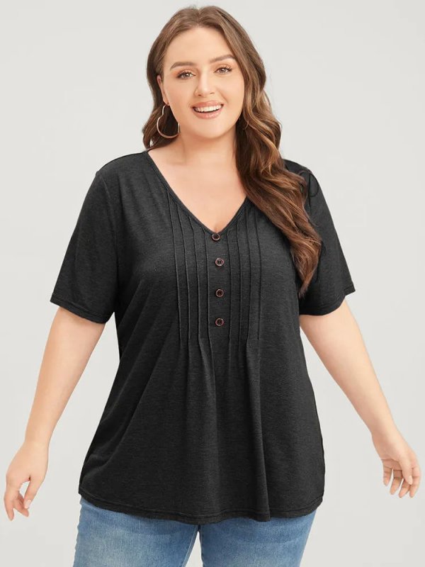 Solid Pleated Front Button Detail V Neck T-shirt