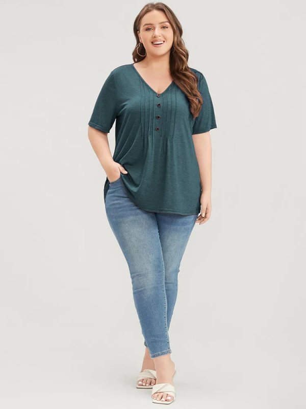 Solid Pleated Front Button Detail V Neck T-shirt