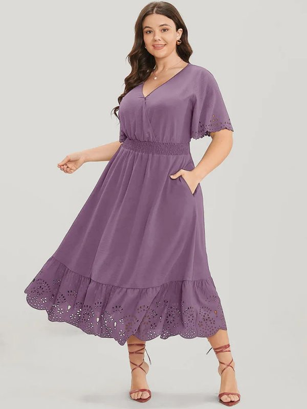 Solid Laser Cut Shirred Pocket Wrap Scalloped Trim Flutter Dress