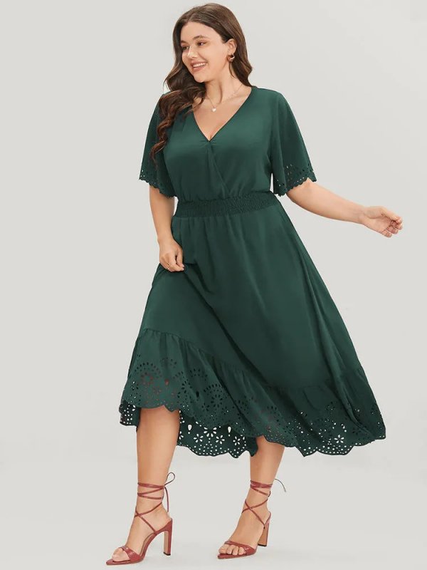 Solid Laser Cut Shirred Pocket Wrap Scalloped Trim Flutter Dress