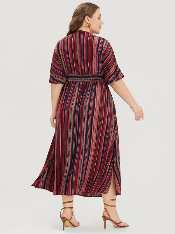 Striped Contrast Dolman Sleeve Shirred Pocket Split Flutter Dress