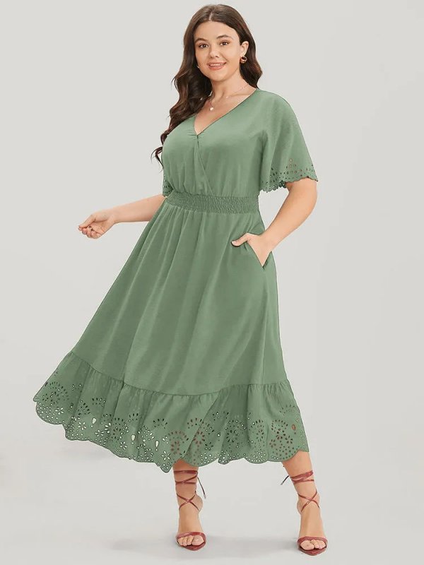 Solid Laser Cut Shirred Pocket Wrap Scalloped Trim Flutter Dress