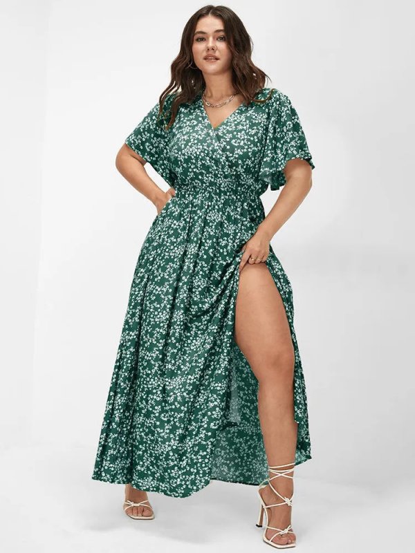 [Hot Sale] Flutter Sleeve Ditsy Floral Pocket Split Maxi Dress