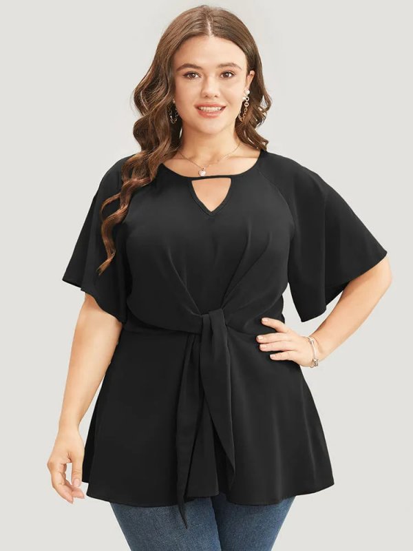 Plain Keyhole Knotted Front Ruffle Sleeve Blouse