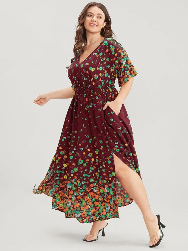 Floral Printed Pocket V Neck Shirred Split Hem Dress