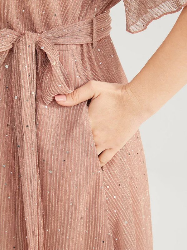 Plain V Neck Mesh Pocket Ruffle Tiered Belted Midi Dress