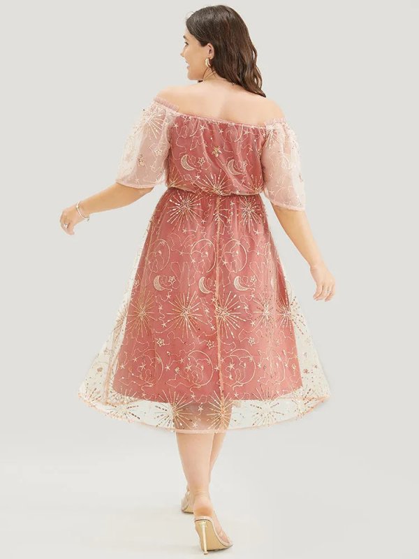 Moon And Star Sequin Detail Pocket Mesh Midi Dress