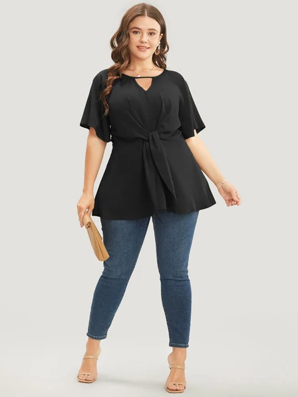 Plain Keyhole Knotted Front Ruffle Sleeve Blouse